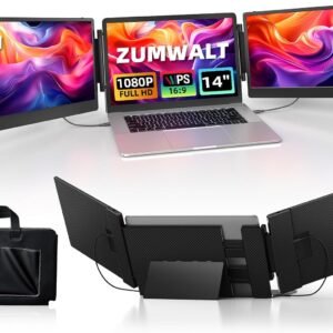 ZUMWALT ตัวขยายหน้าจอแล็ปท็อป จอภาพพกพาสามจอขนาด 14 นิ้วสำหรับแล็ปท็อป จอภาพขยายหน้าจอ FHD 1080P สำหรับขนาด 13-16.5 นิ้ว ตัวขยายหน้าจอสำหรับ MacOS/Windows/Chrome (มีลำโพงในตัว)
