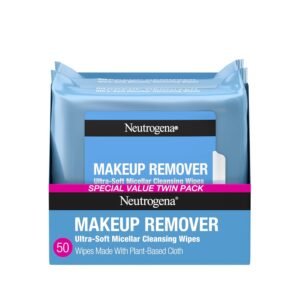 ผ้าเช็ดเครื่องสำอาง Neutrogena Makeup Remover Wipes Micellar ปราศจากแอลกอฮอล์ เช็ดทำความสะอาดมาสคาร่าและน้ำมันกันน้ำ ผ้าเช็ดทำความสะอาดจากพืช 100% ย่อยสลายได้ ผ่านการทดสอบโดยแพทย์ผิวหนังและจักษุแพทย์ แพ็คคู่ 2 x 25 ชิ้น