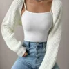 เสื้อคาร์ดิแกนครอปแขนสามส่วนแบบ Raglan สำหรับผู้หญิง ไม่มีเสื้อกล้าม เสื้อถักแขนยาวสไตล์ลำลองสำหรับฤดูใบไม้ผลิและฤดูใบไม้ร่วง เสื้อผ้าผู้หญิงสำหรับใส่ในชีวิตประจำวัน เสื้อผ้าผู้หญิง