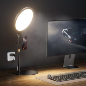 ไฟวงแหวน Weilisi ขนาด 10.5 นิ้ว พร้อมขาตั้ง ไฟวงแหวนเซลฟี่แบบเต็มจอสำหรับโต๊ะทำงานพร้อมที่วางโทรศัพท์ ไฟแล็ปท็อปแบบปรับได้สำหรับการบันทึกวิดีโอ ไฟซูมสำหรับคอมพิวเตอร์ การประชุม การสตรีมสด พอดแคสต์