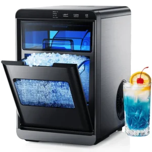เครื่องทำน้ำแข็งก้อน Simzlife Nugget 44.9 ปอนด์/วัน เครื่องทำน้ำแข็งก้อนกรวดแบบเคี้ยวพร้อมหน้าจอสัมผัสสำหรับบ้าน ห้องครัว และสำนักงาน สแตนเลสสตีล สีดำ